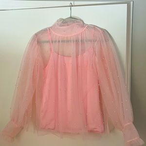 Pink Pearl Detail Puff Sleeve Top NWT Size Medium